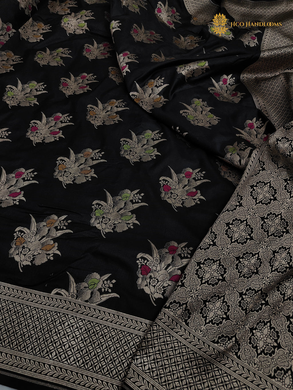 Black Pure Katan Silk Handloom Banarasi Saree - All Over Meenakari Motifs