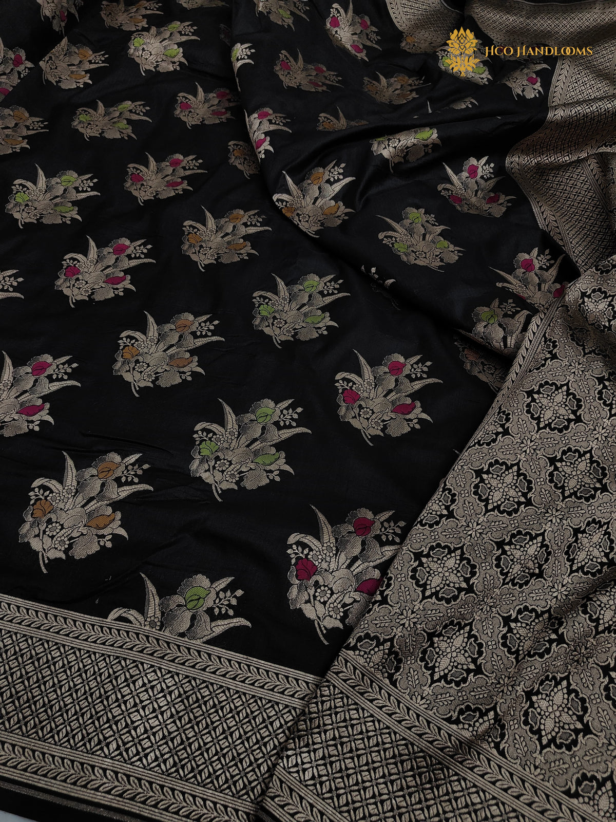 Black Pure Katan Silk Handloom Banarasi Saree - All Over Meenakari Motifs