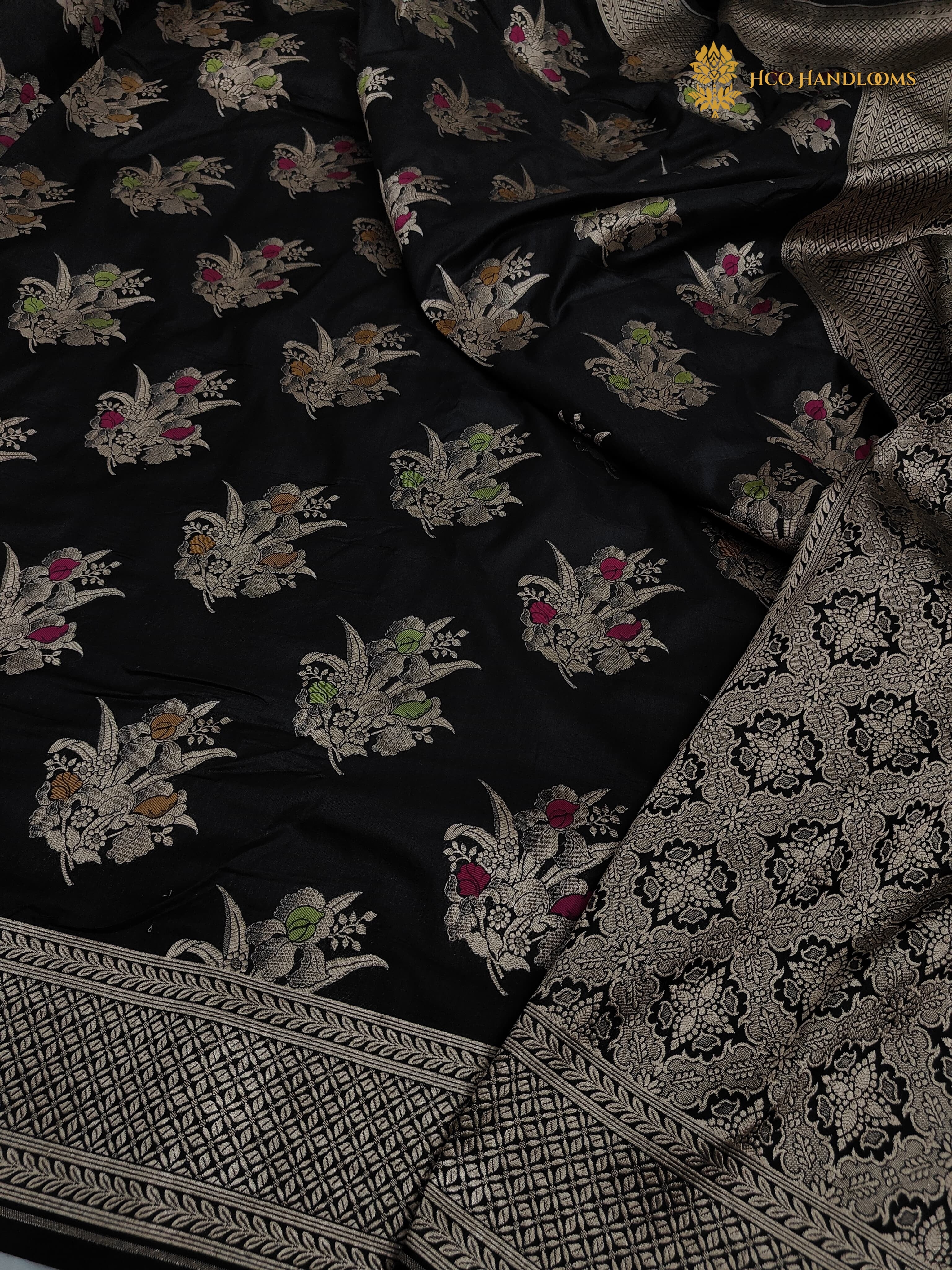 Black Pure Katan Silk Handloom Banarasi Saree - All Over Meenakari Motifs