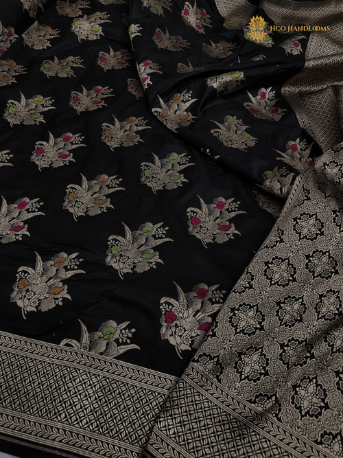 Black Pure Katan Silk Handloom Banarasi Saree - All Over Meenakari Motifs