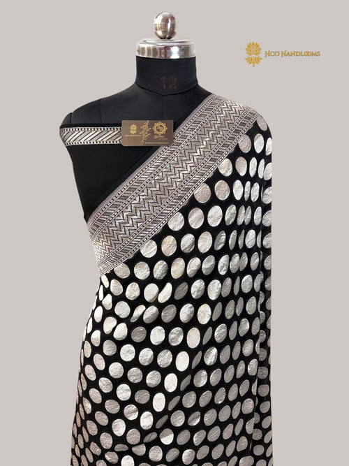 Black Pure Khaddi Georgette Silk handloom Banarasi Saree - Water Zari