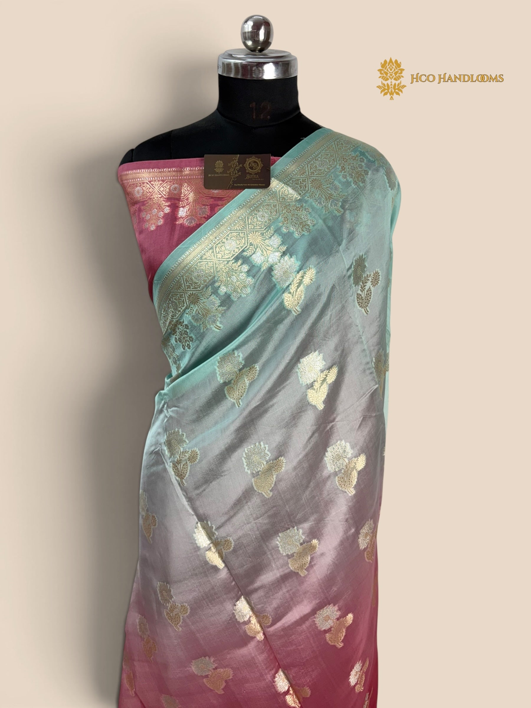 Shaded Pure Mango Katan Silk Banarasi Saree - All Over Meenakari Motifs