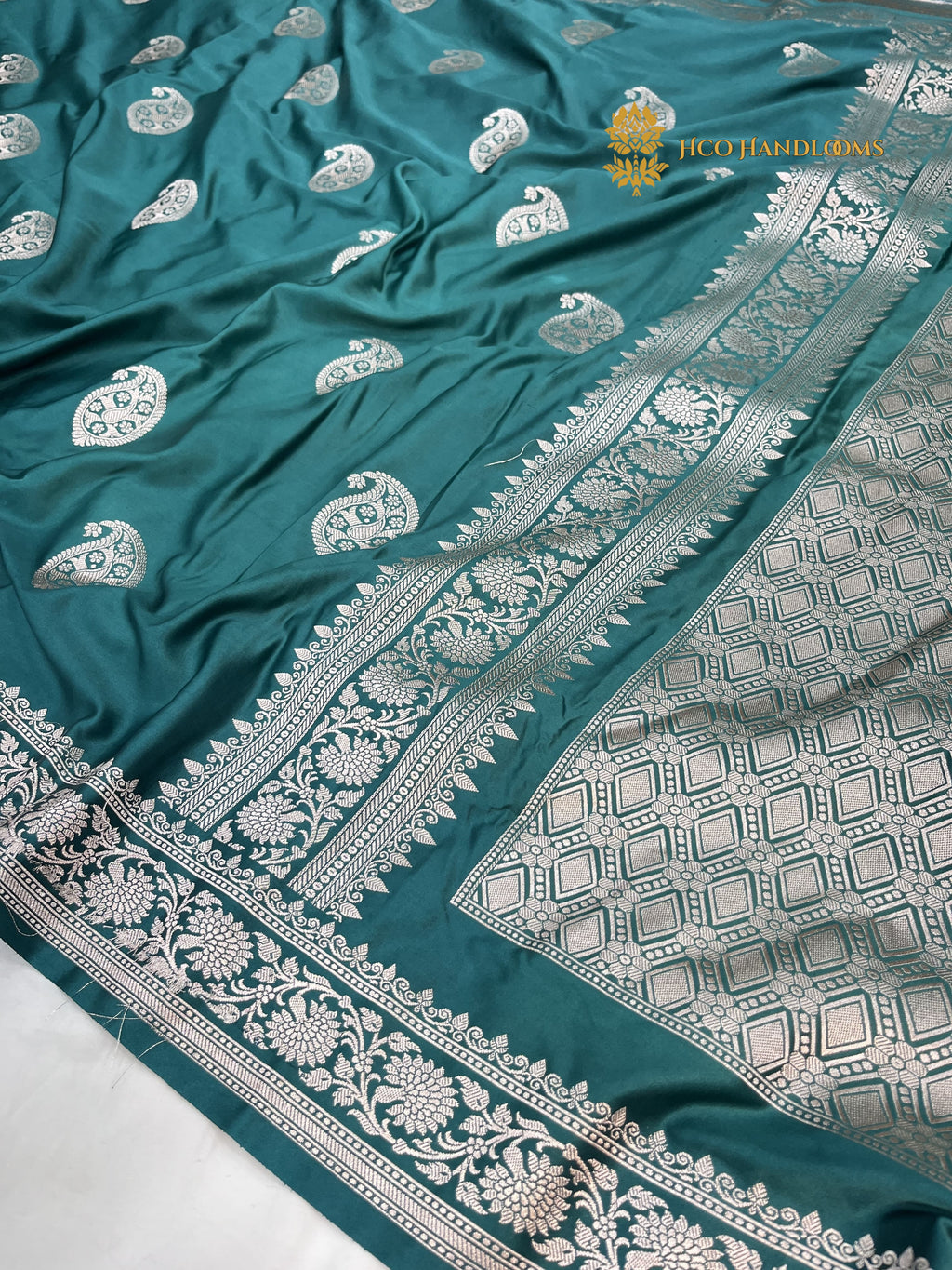 Teal Blue Premium Mashru Katan Silk Banarasi Saree - All Over Paisley Motifs