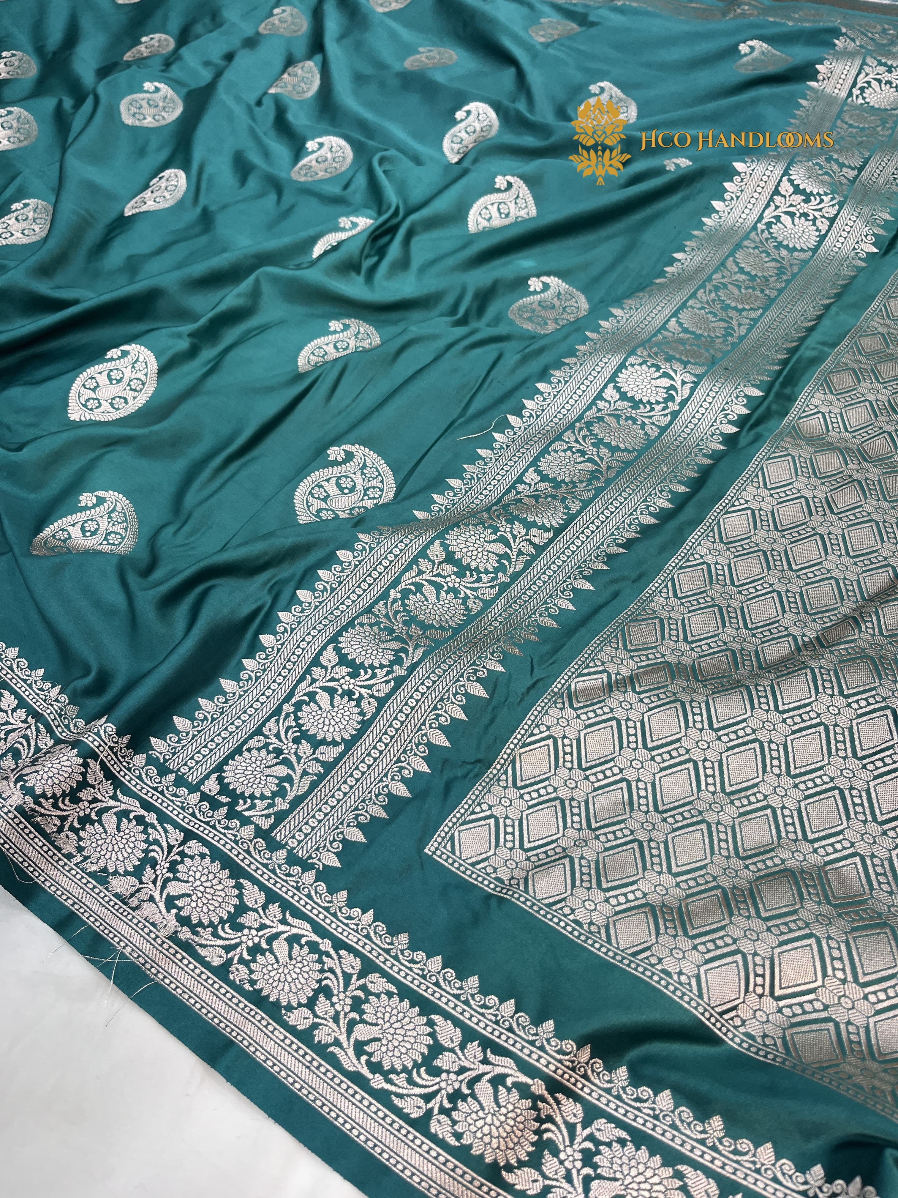 Teal Blue Premium Mashru Katan Silk Banarasi Saree - All Over Paisley Motifs
