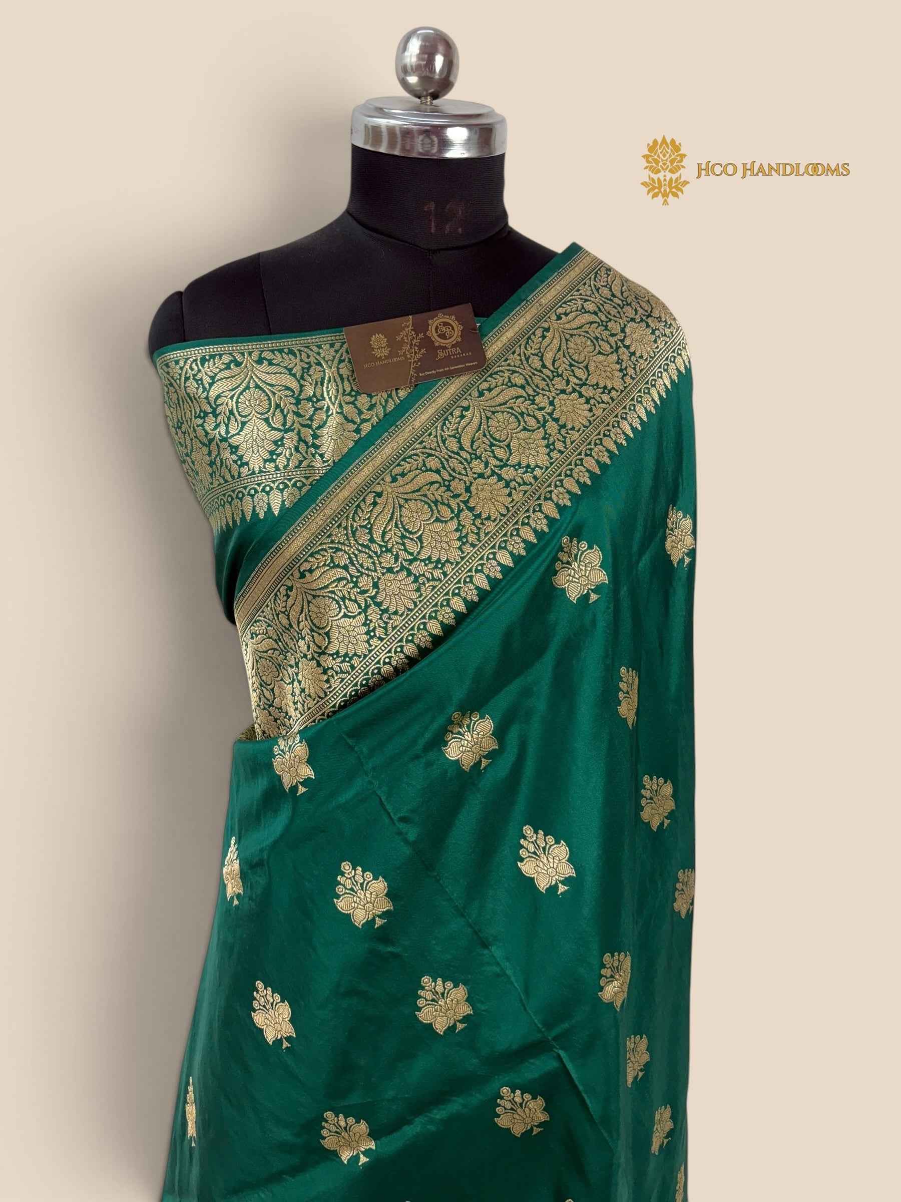 Regal Green Pure Katan Silk Handloom banarasi saree - All Over Kadhua Motifs