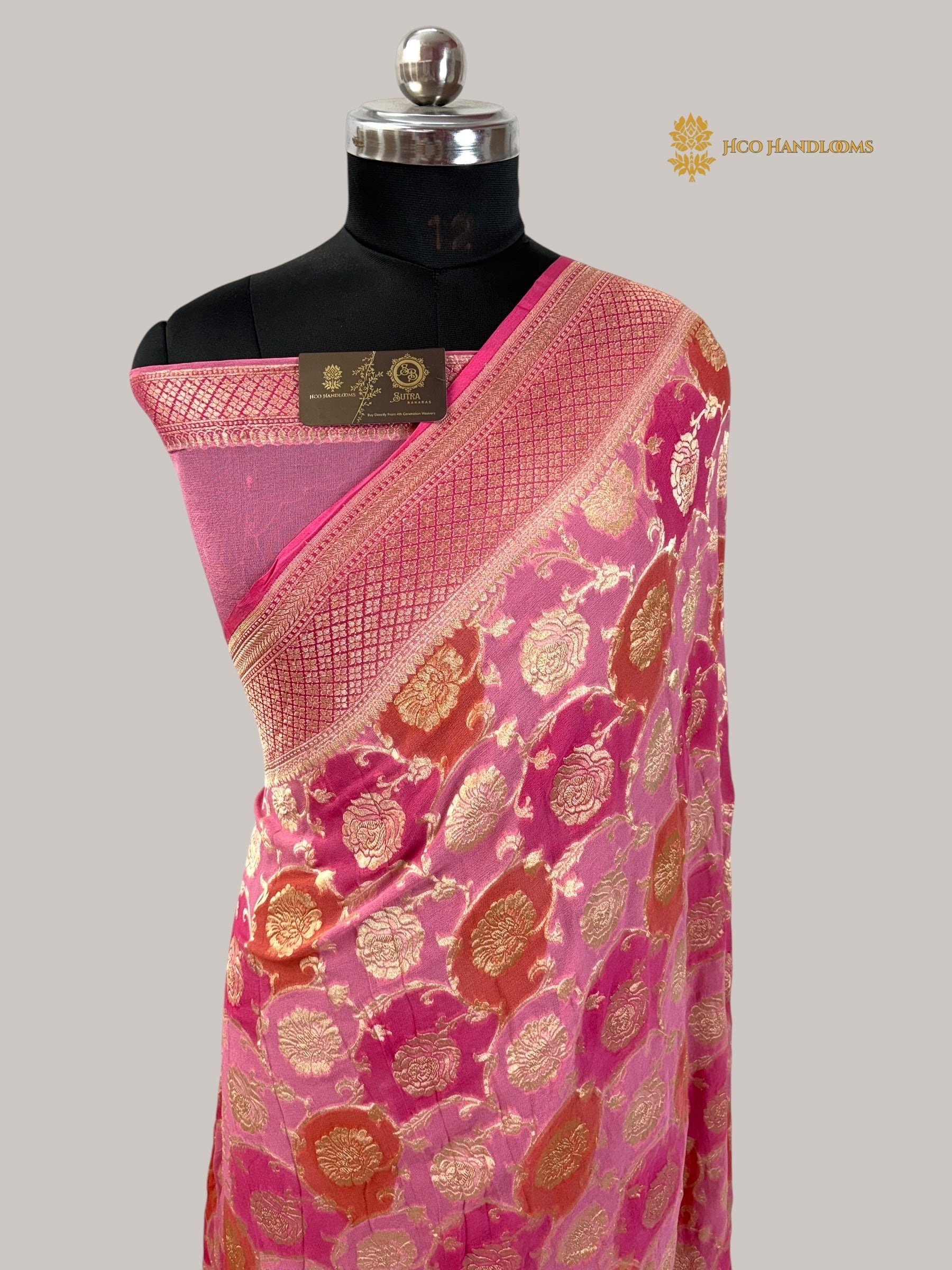 Pink Pure Khaddi Georgette Silk  Rangkat Handloom Banarasi Saree - Water Zari