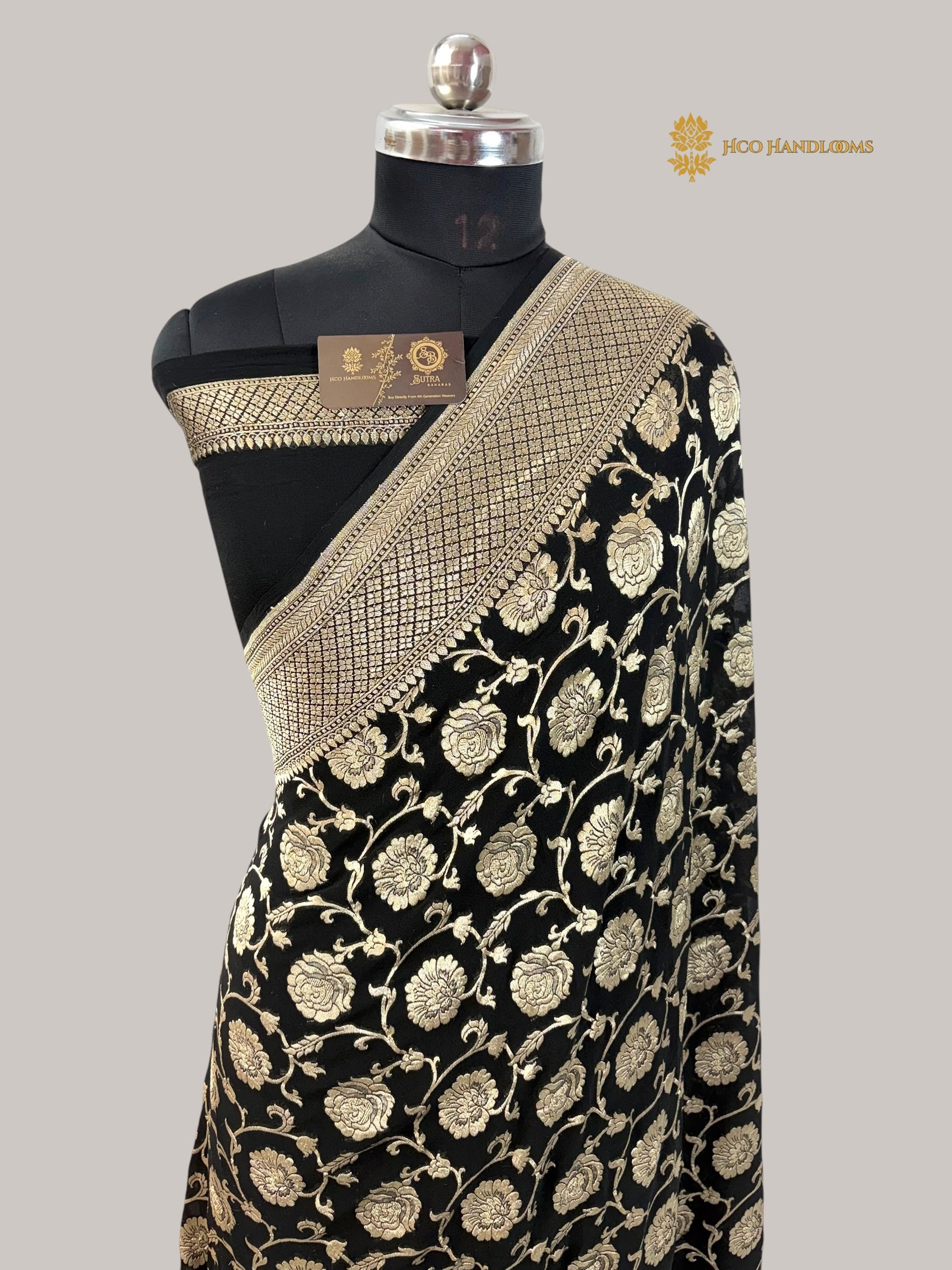 Black Pure Khaddi Georgette Silk handloom Banarasi Saree - Water Zari