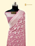 Pink Pure Khaddi Georgette Silk Handloom Banarasi Saree - All Over Jaal
