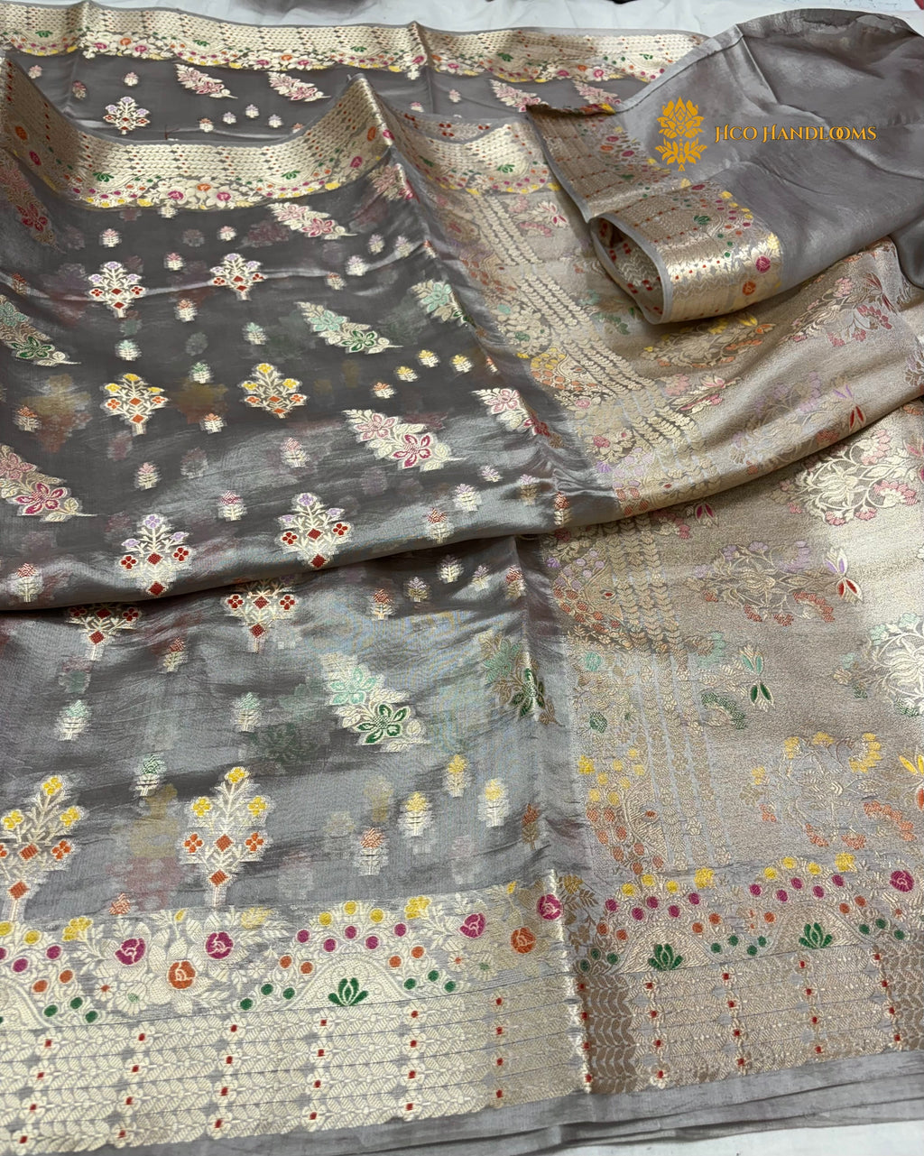 Gray Pure Mango Katan Silk Banarasi Saree - All Over Meenakari Motifs
