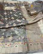 Gray Pure Mango Katan Silk Banarasi Saree - All Over Meenakari Motifs