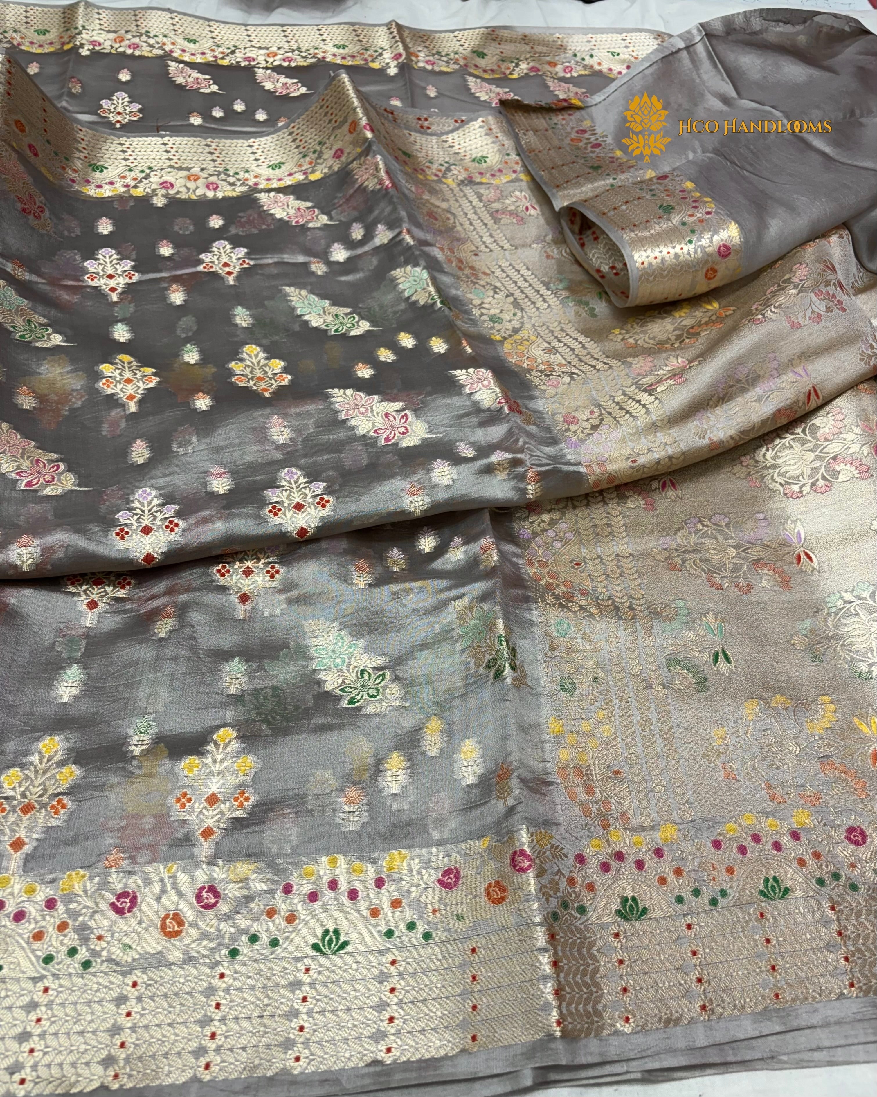 Gray Pure Mango Katan Silk Banarasi Saree - All Over Meenakari Motifs
