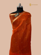 Regal Orange Pure Kora Silk Handloom Banarasi Saree - All Over Small Buti