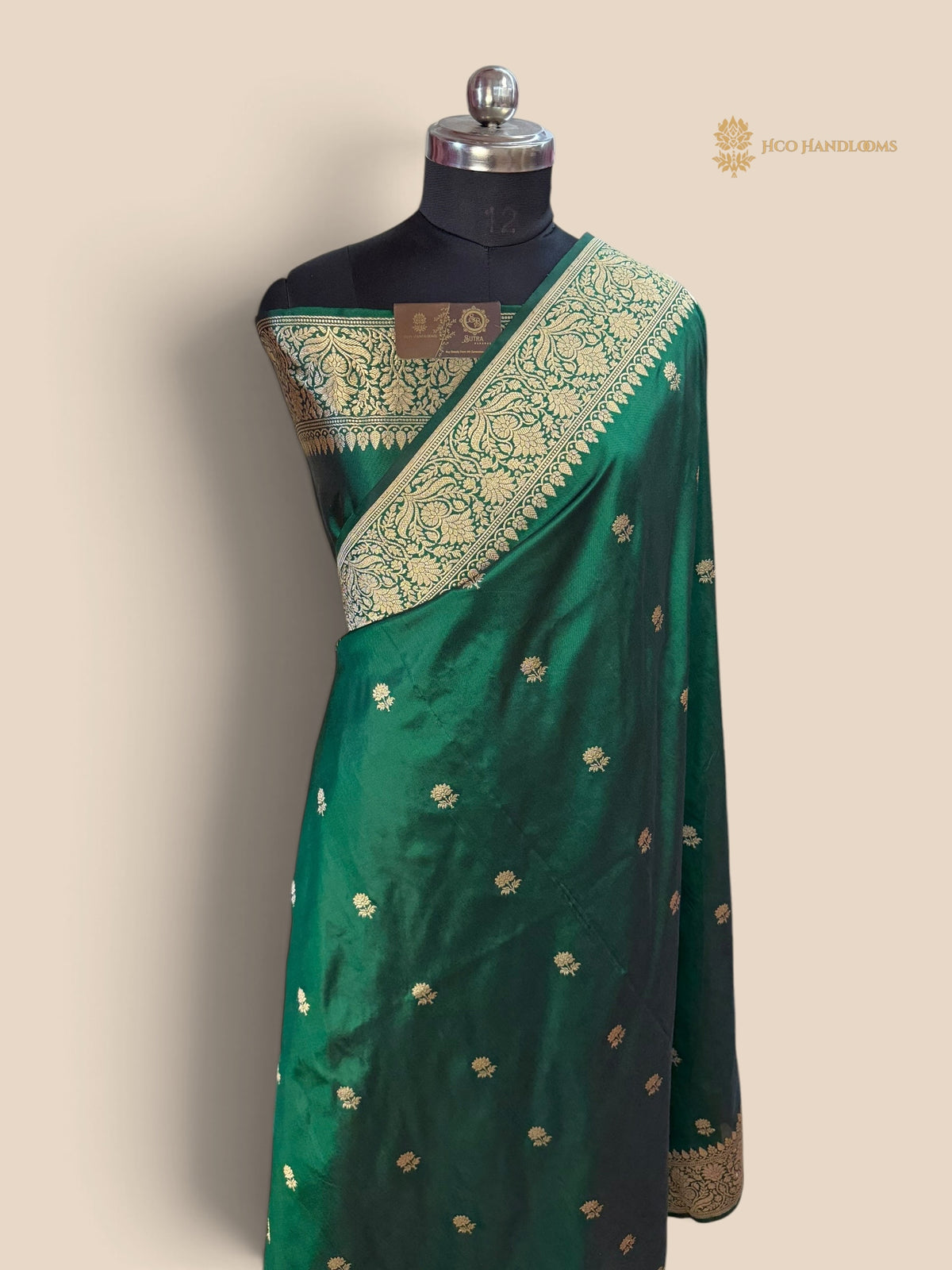 Regal Green Pure Katan Silk Handloom Banarasi Saree - All Over Kadhua Motifs