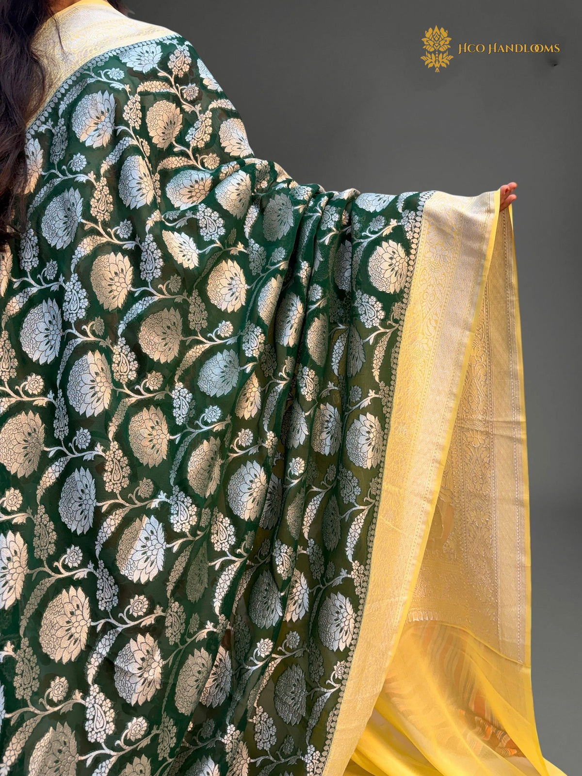 Pure Khaddi Georgette Silk Handloom Banarasi Saree With Bottle Green & Light Yellow Contrast
