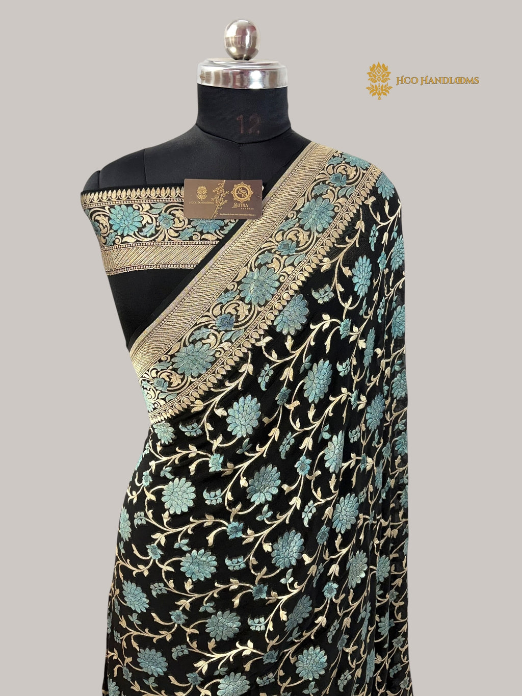 Black Pure Khaddi Georgette Silk Meenakari Handloom Banarasi Saree - Water Zari