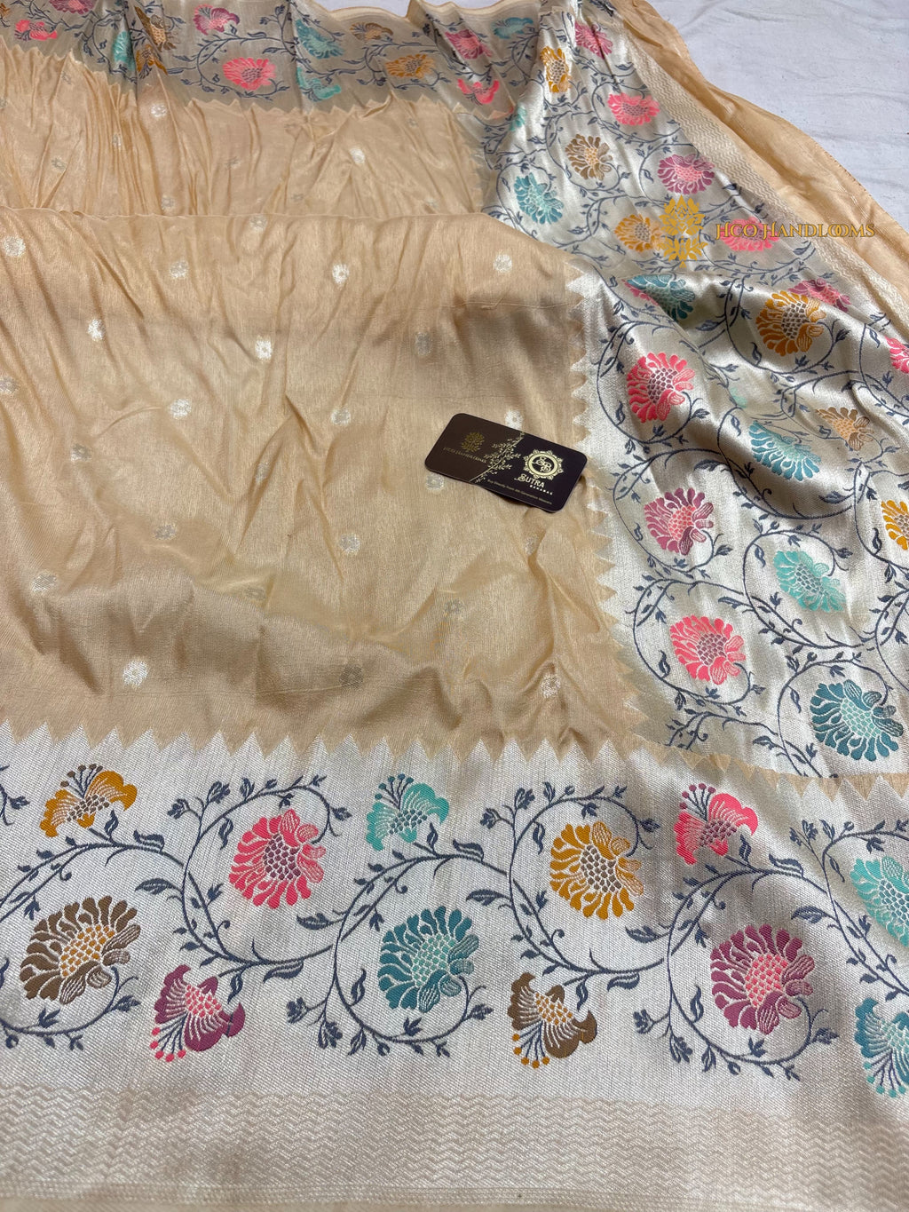 Ivory Matka Tussar Silk Banarasi Saree - All Over Motifs & Paithani