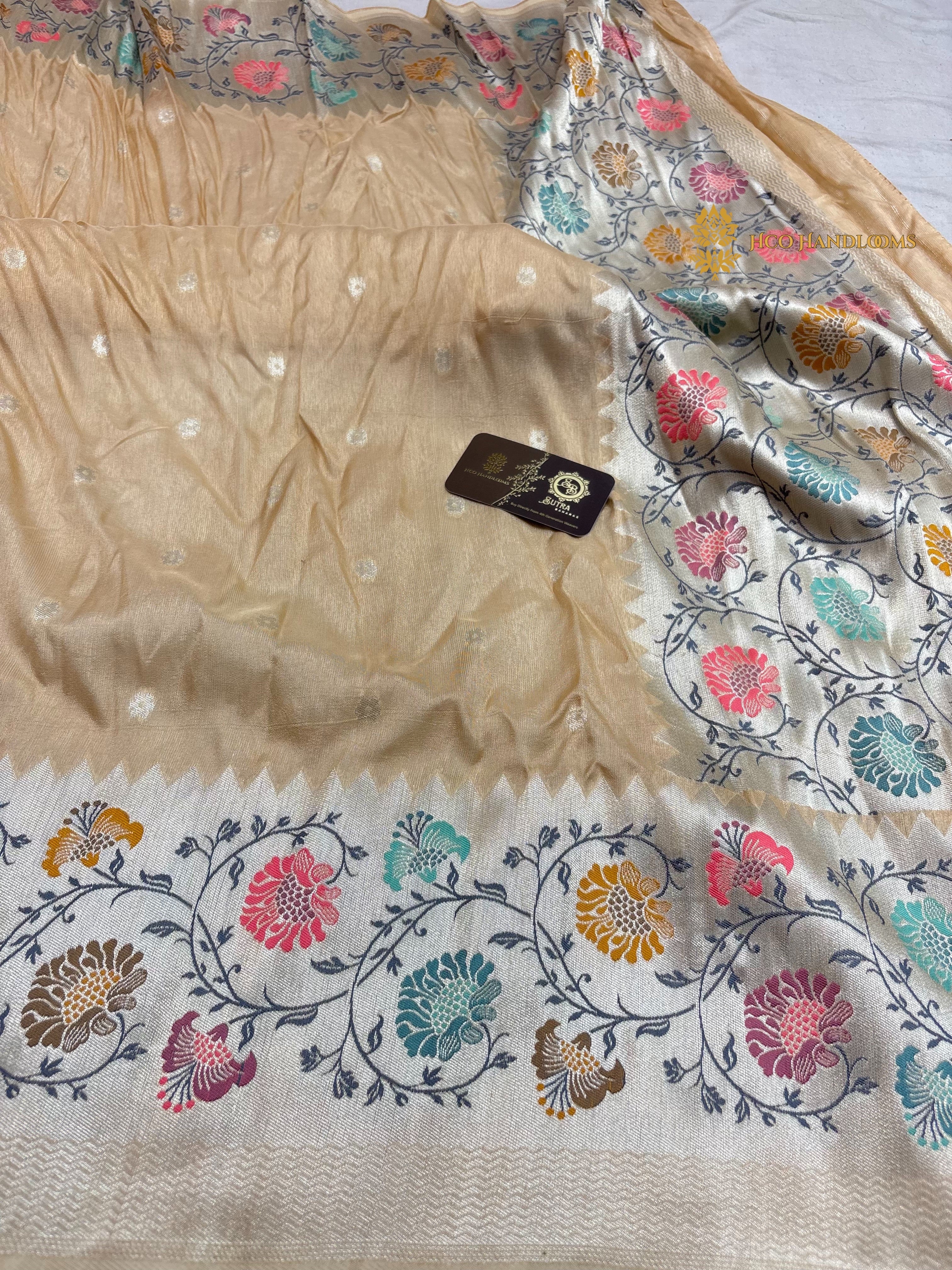 Ivory Matka Tussar Silk Banarasi Saree - All Over Motifs & Paithani