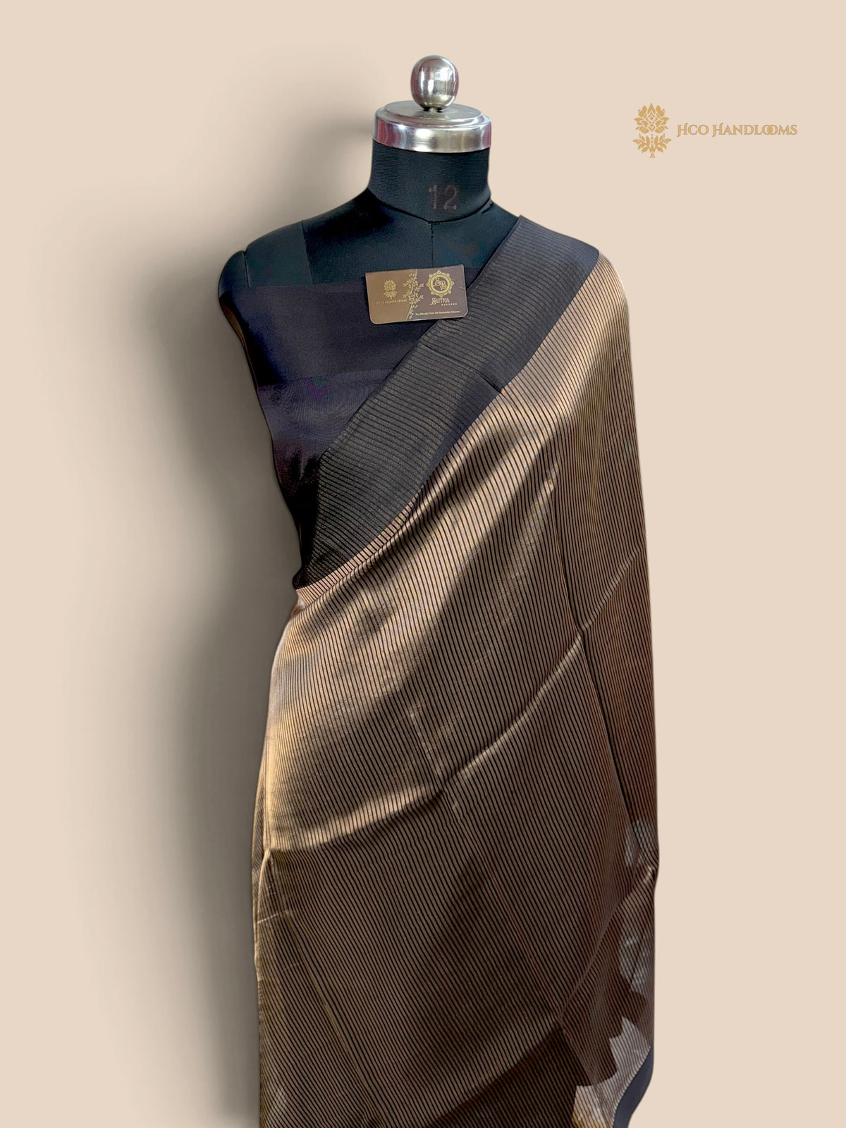 Black Pure Moonga Tissue Silk Handloom Banarasi Saree - All Over Stripes