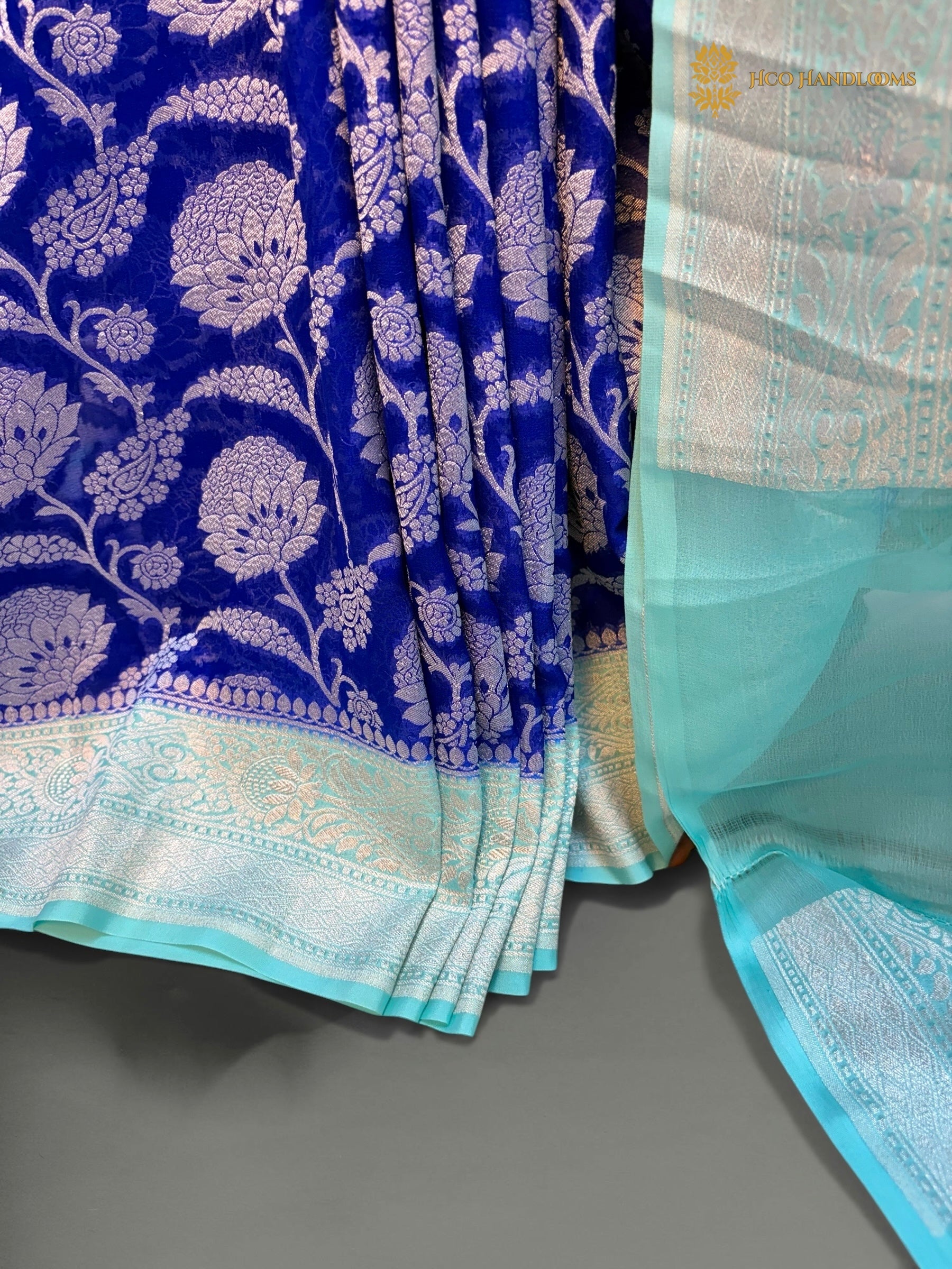 Pure Khaddi Georgette Silk Handloom Banarasi Saree With Royal Blue & Light Blue Contrast