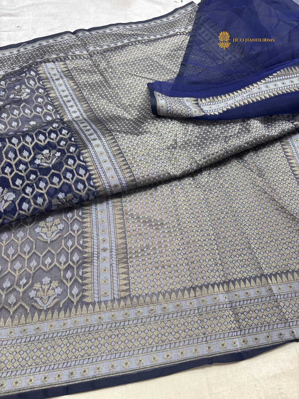 Navy Blue Premium Cotton Jamdani Banarasi Saree - All Over Jaal
