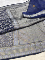 Navy Blue Premium Cotton Jamdani Banarasi Saree - All Over Jaal
