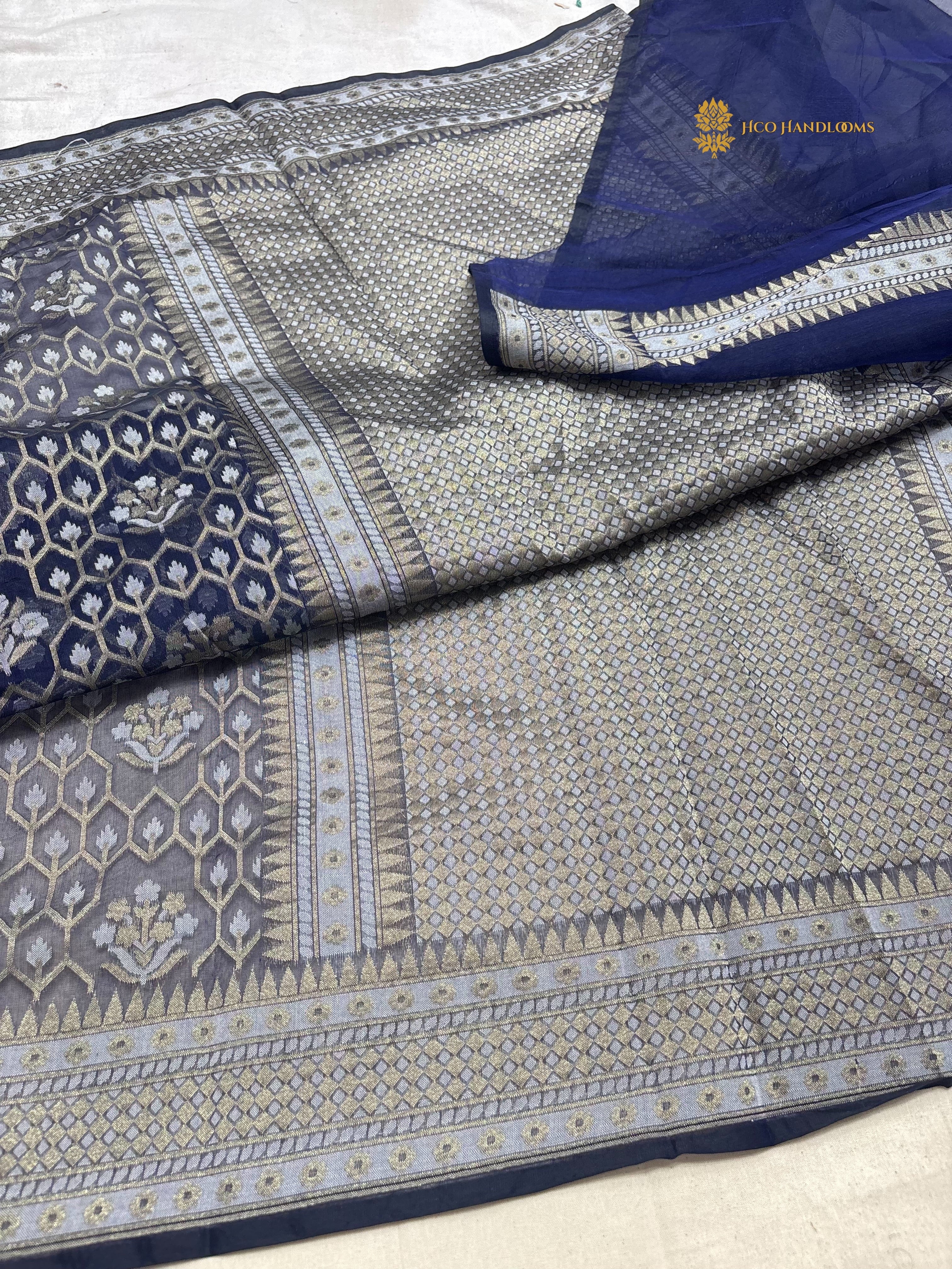 Navy Blue Premium Cotton Jamdani Banarasi Saree - All Over Jaal