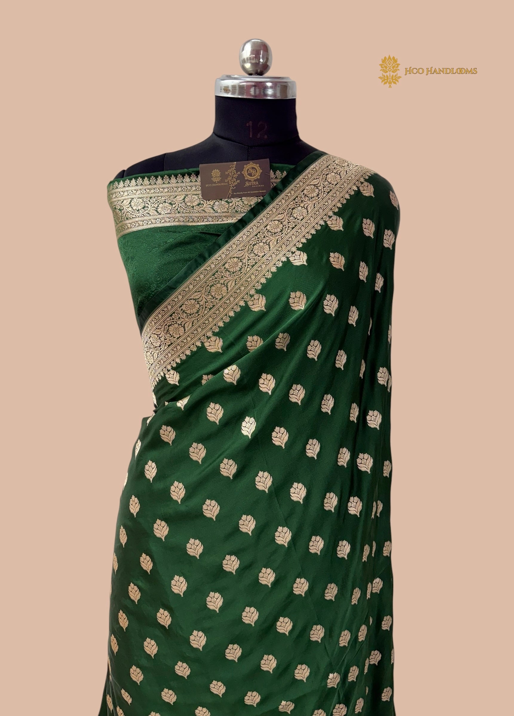 Regal Green Premium Mashru Katan Silk Banarasi Saree - All Over Floral Motifs
