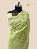 Pastel Green Premium Cotton Jamdani Banarasi Saree - All Over Jaal