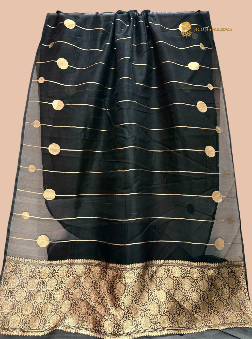 Jet black Pure Kora Silk Handloom Banarasi Saree - All Over Stripes
