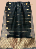 Jet black Pure Kora Silk Handloom Banarasi Saree - All Over Stripes