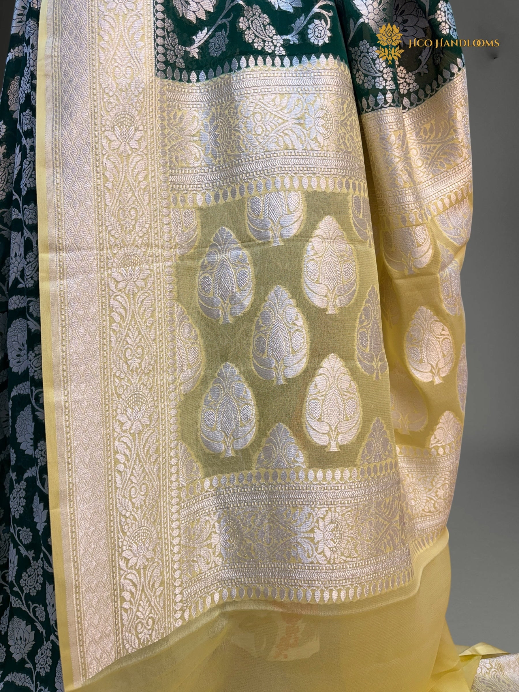Pure Khaddi Georgette Silk Handloom Banarasi Saree With Bottle Green & Light Yellow Contrast