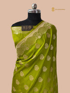 Regal Parrot Green Premium Mashru Katan Silk Banarasi Saree - All Over Floral Motifs