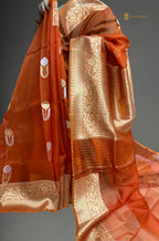Regal Orange Pure Kora Silk Handloom Banarasi Saree - All Over Kadhua Motifs