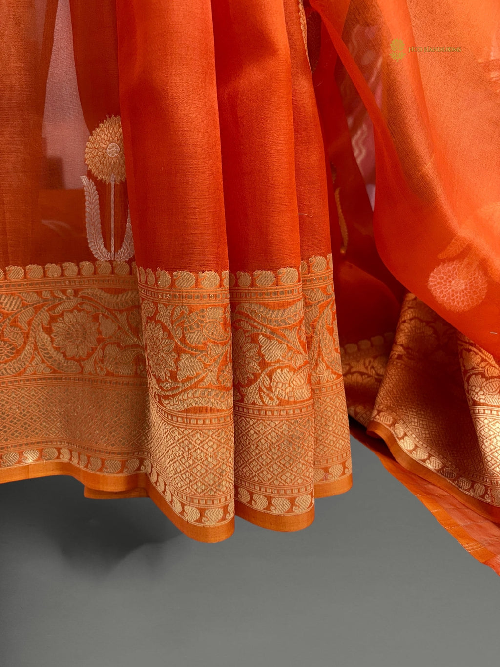 Regal Orange Pure Kora Silk Handloom Banarasi Saree - All Over Kadhua Motifs