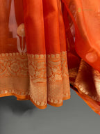Regal Orange Pure Kora Silk Handloom Banarasi Saree - All Over Kadhua Motifs