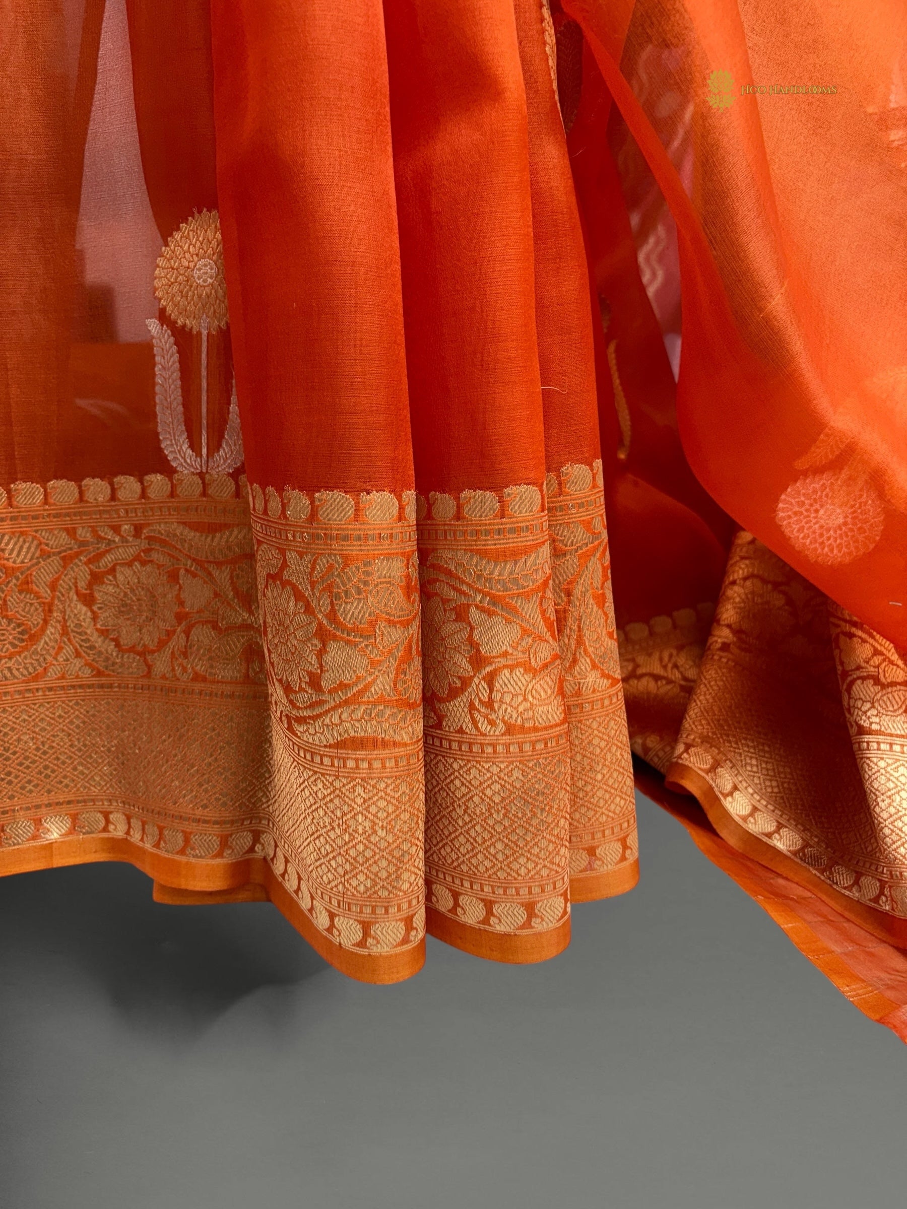 Regal Orange Pure Kora Silk Handloom Banarasi Saree - All Over Kadhua Motifs