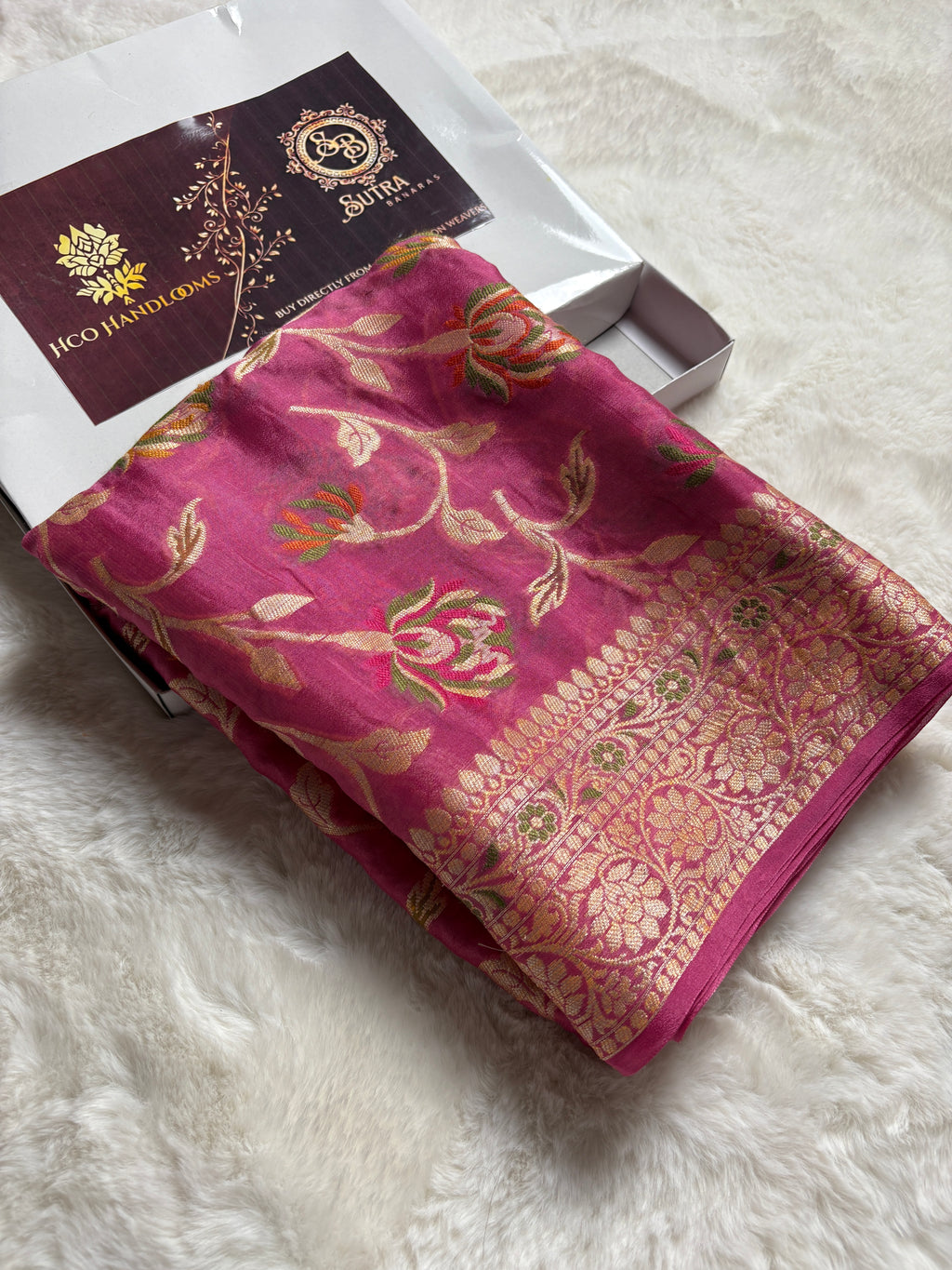Pure Chiffon Silk Khaddi Banarasi Saree With Floral Vines Motifs