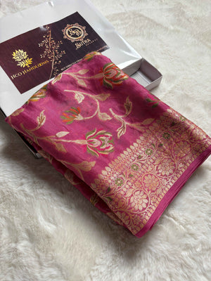 Pure Chiffon Silk Khaddi Banarasi Saree With Floral Vines Motifs