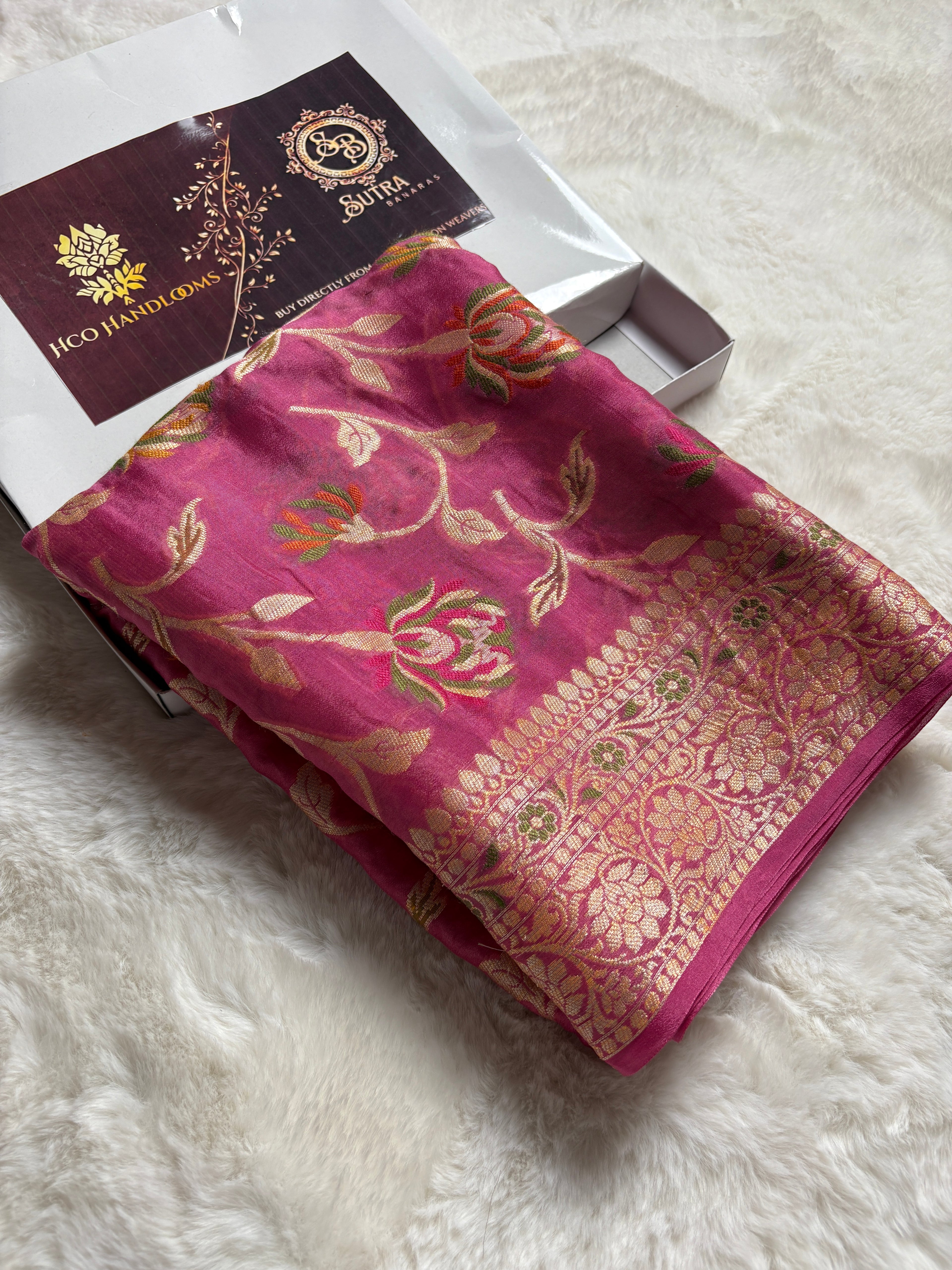 Pure Chiffon Silk Khaddi Banarasi Saree With Floral Vines Motifs