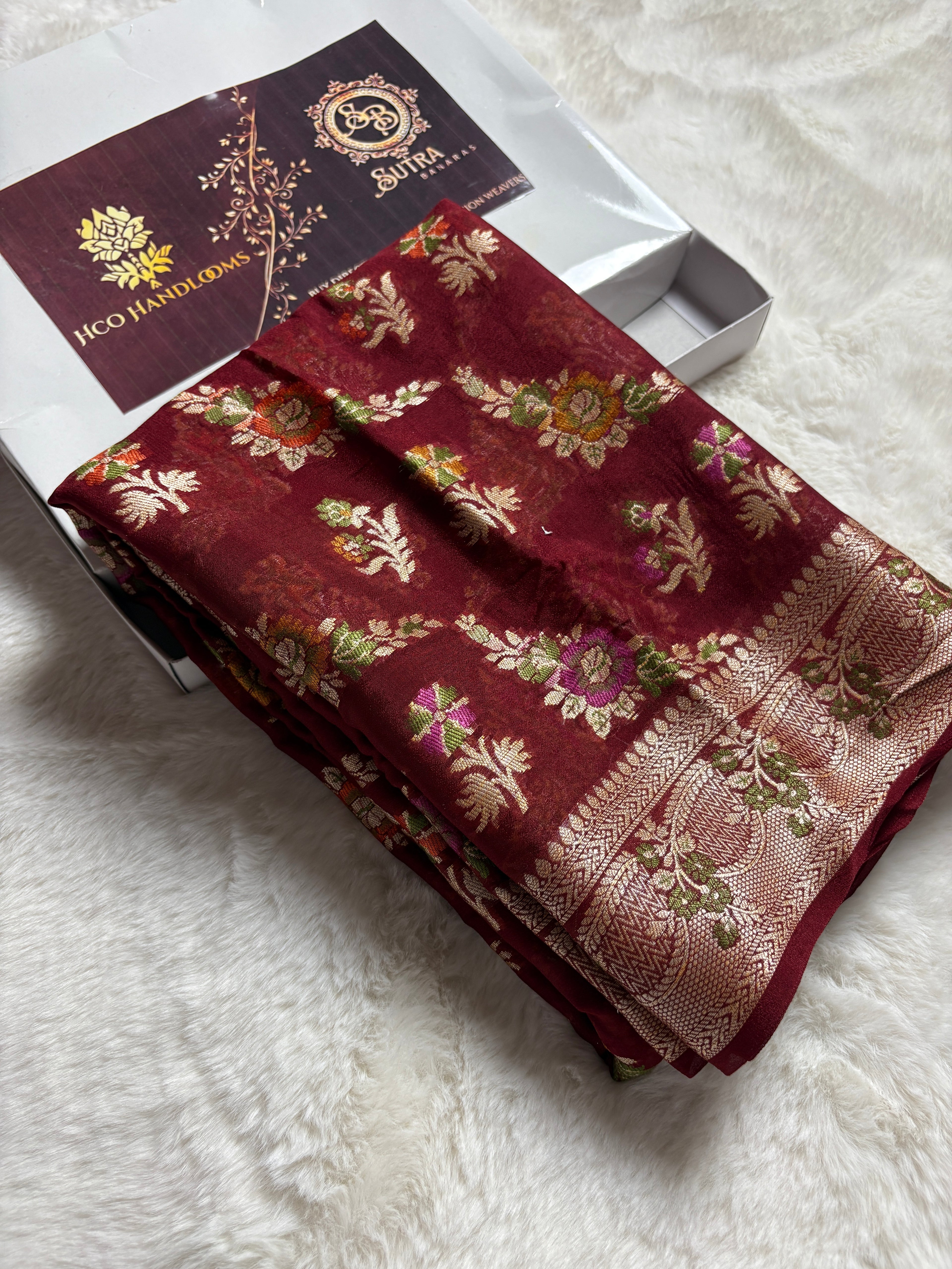 Pure Chiffon Silk Khaddi Banarasi Saree With Floral Motifs