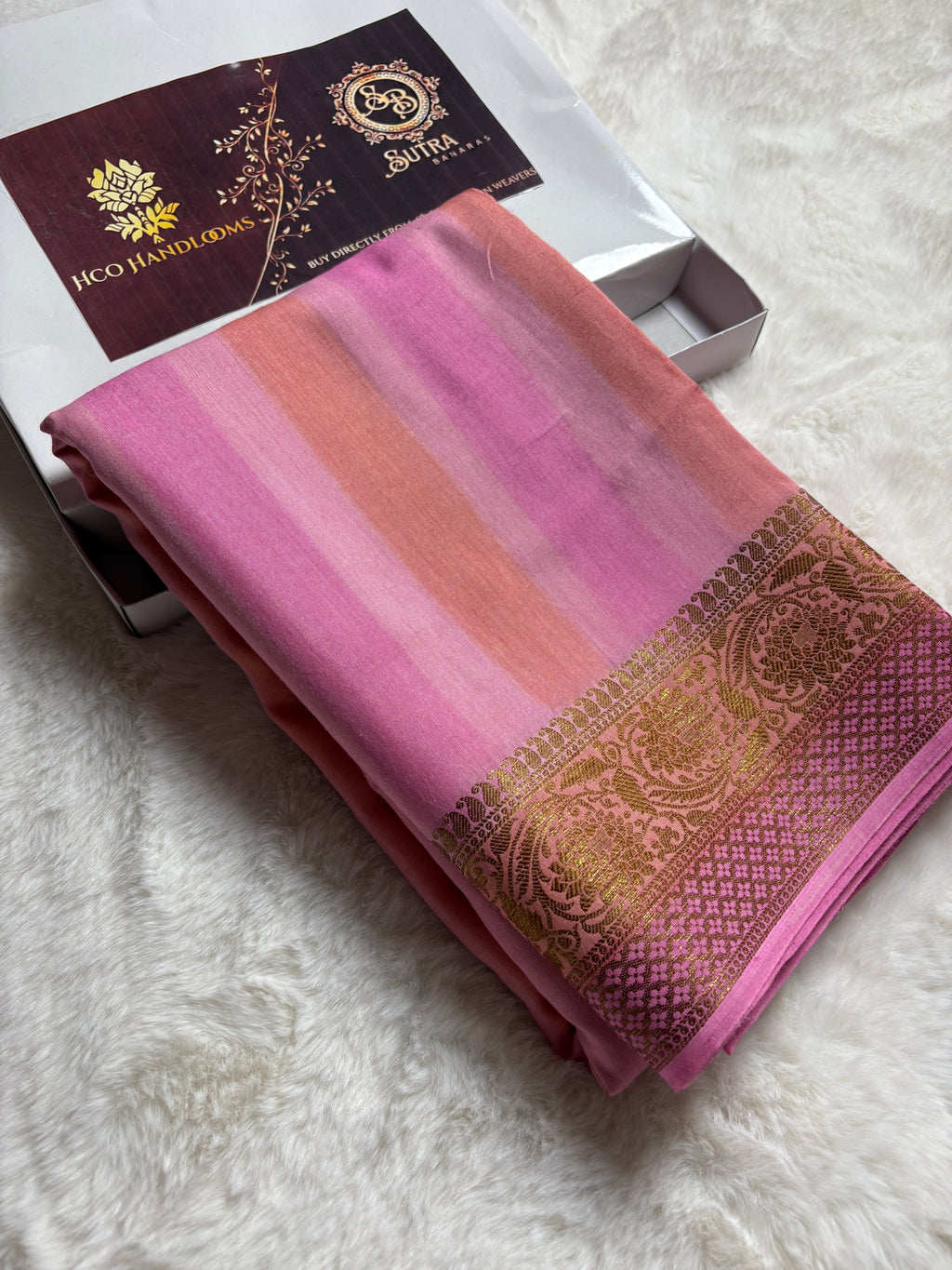Pure Moonga Silk Handloom Banarasi Saree With Stripes