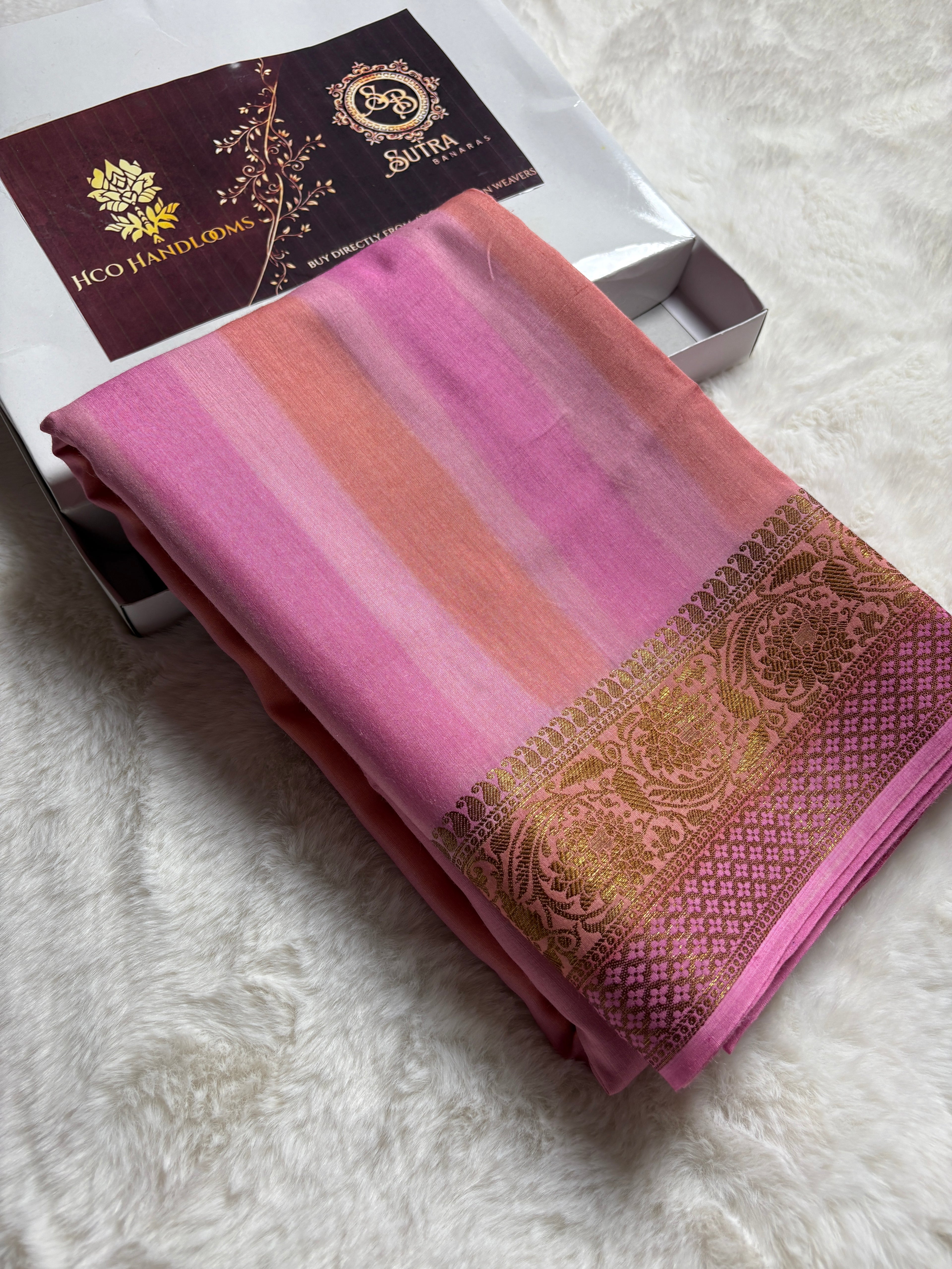 Pure Moonga Silk Handloom Banarasi Saree With Stripes