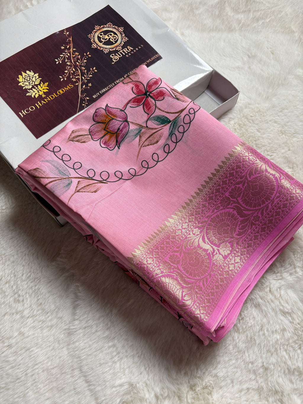 Pure Chiniya Silk Handloom Banarasi Saree With All Over Handpaint