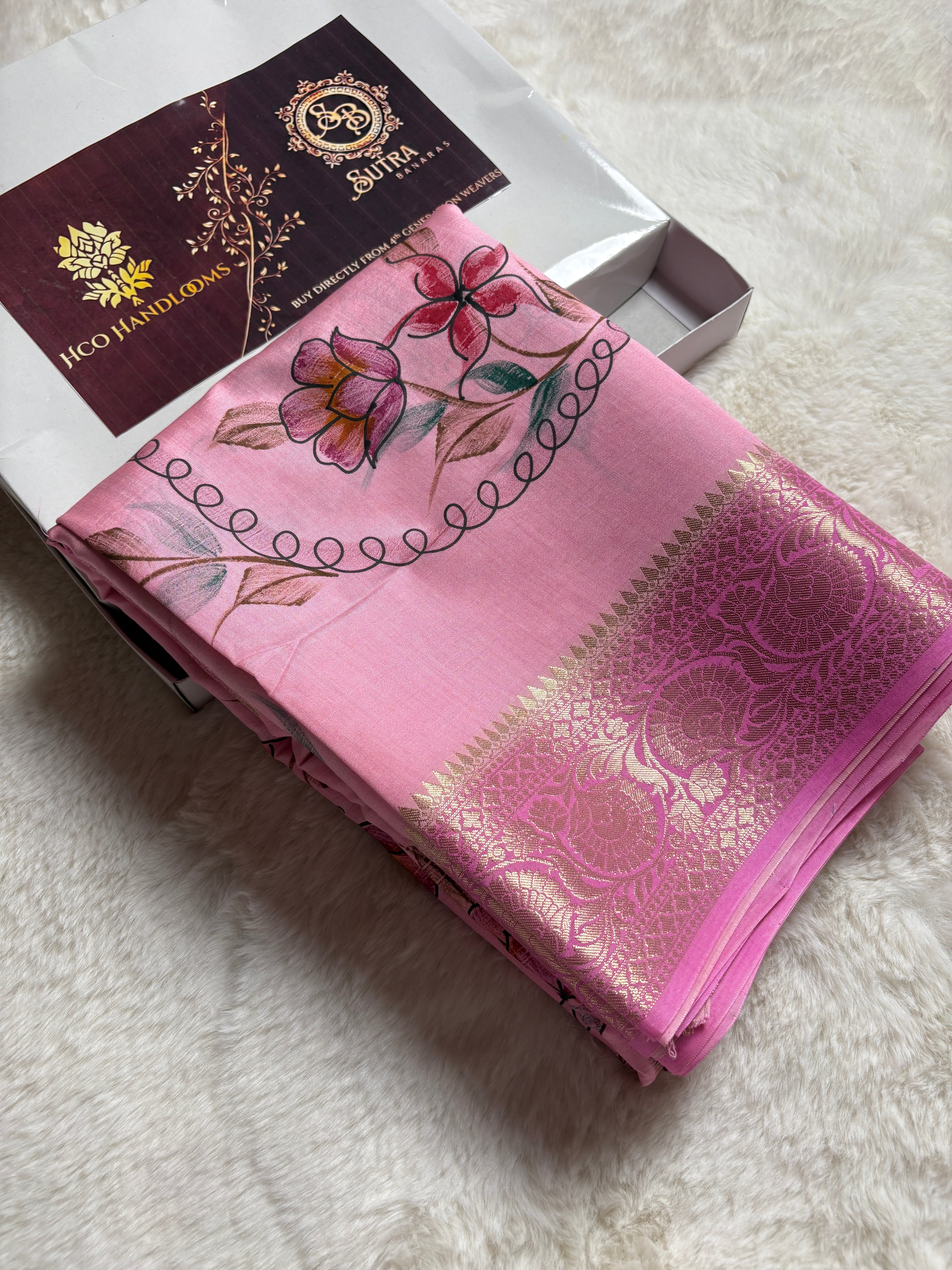 Pure Chiniya Silk Handloom Banarasi Saree With All Over Handpaint