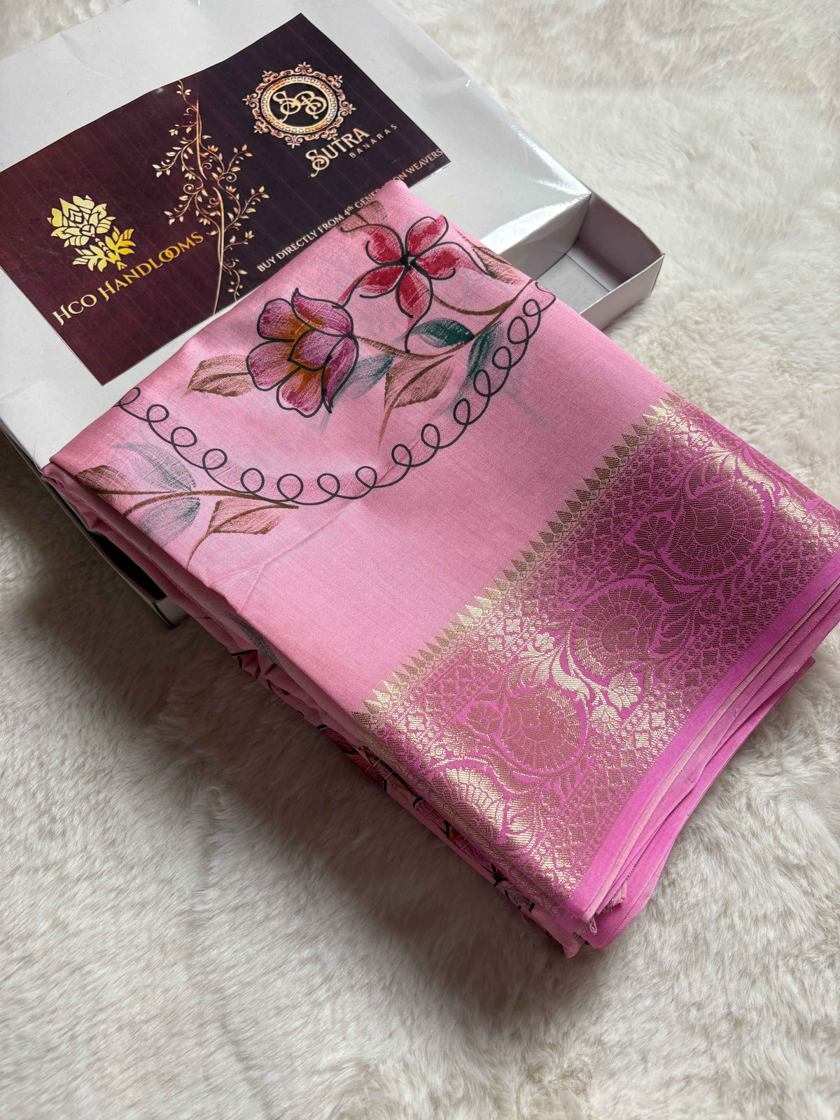 Pure Chiniya Silk Handloom Banarasi Saree With All Over Handpaint
