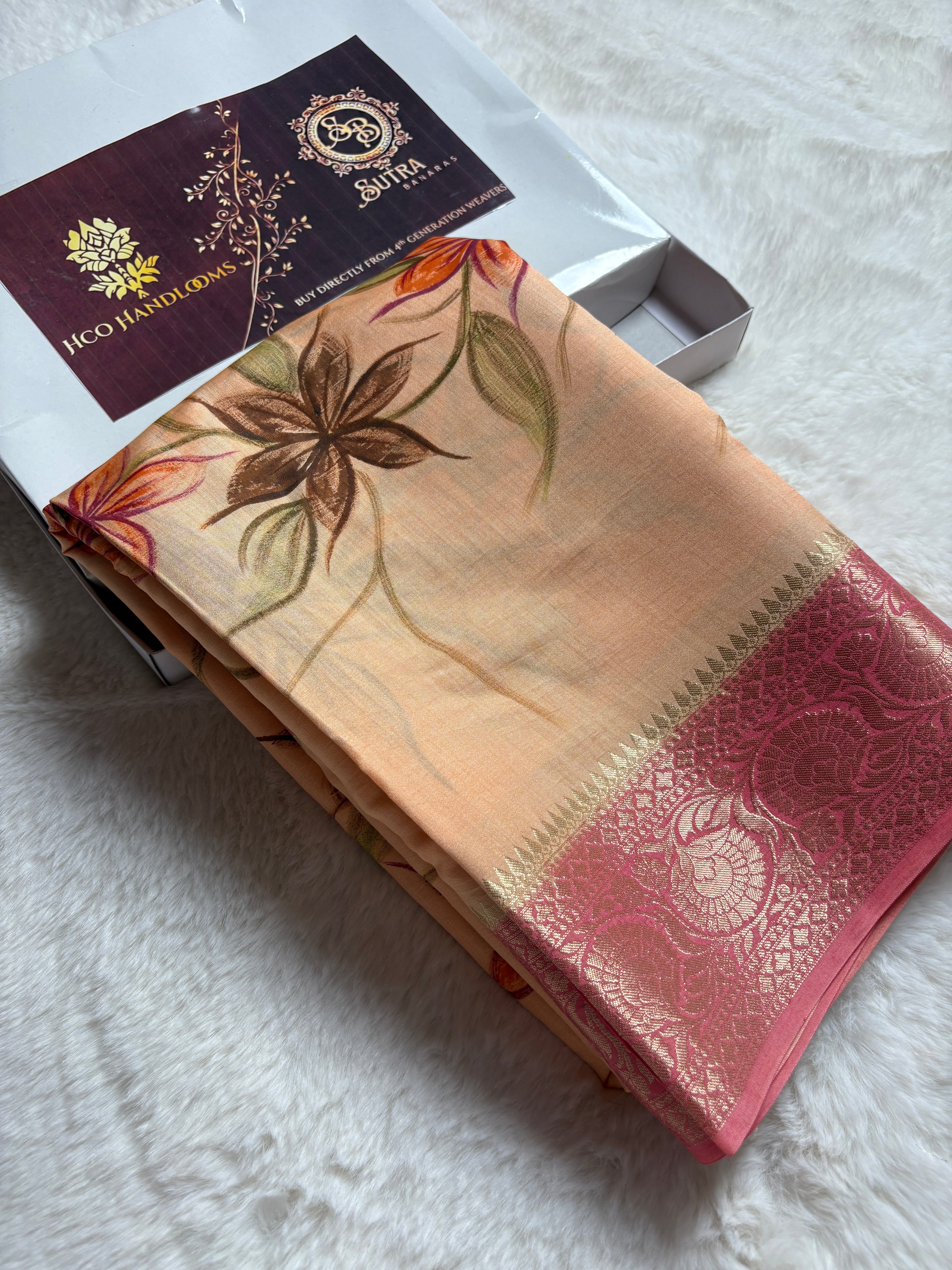 Pure Chiniya Silk Handloom Banarasi Saree With All Over Handpaint