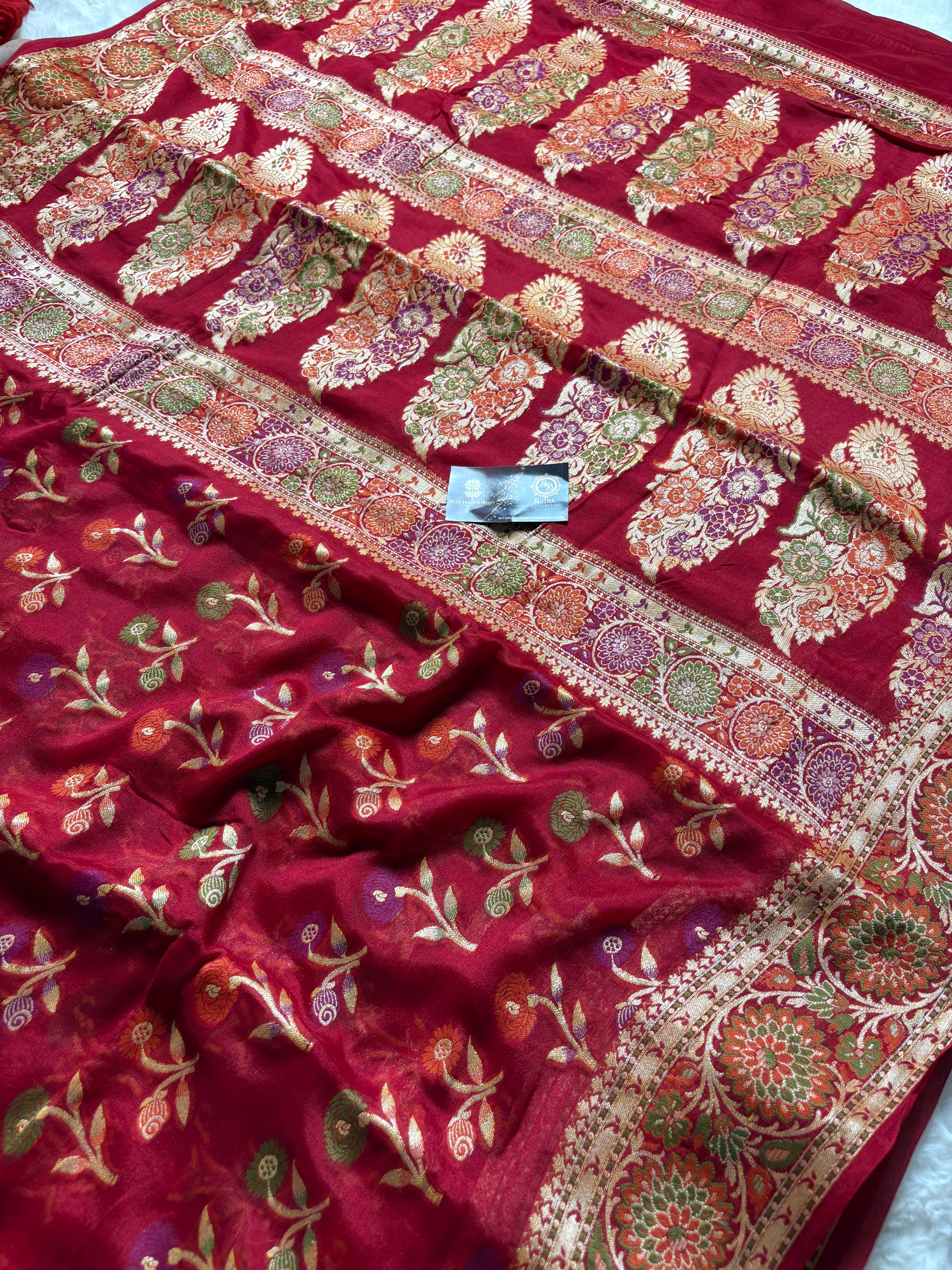 Pure Chiffon Silk Khaddi Banarasi Saree With Floral Motifs