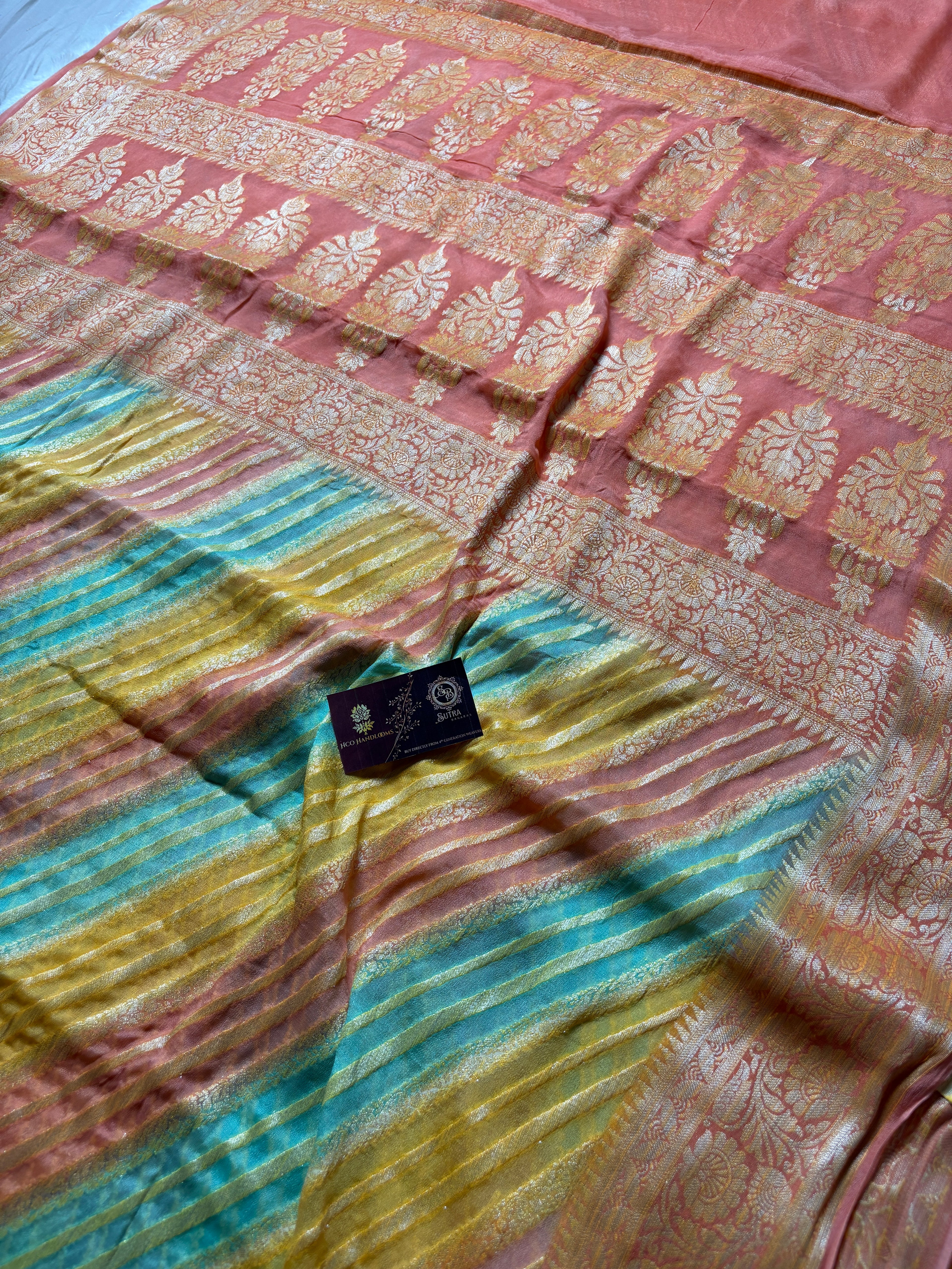 Pure Chiffon Silk Khaddi Banarasi Saree With Diagonal Stripes