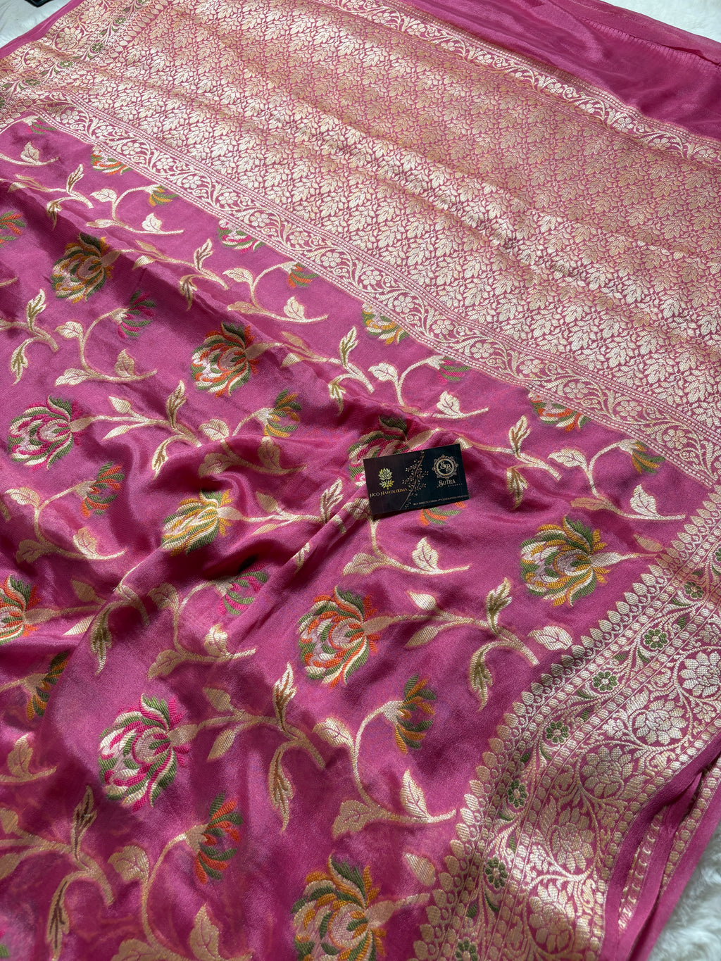 Pure Chiffon Silk Khaddi Banarasi Saree With Floral Vines Motifs