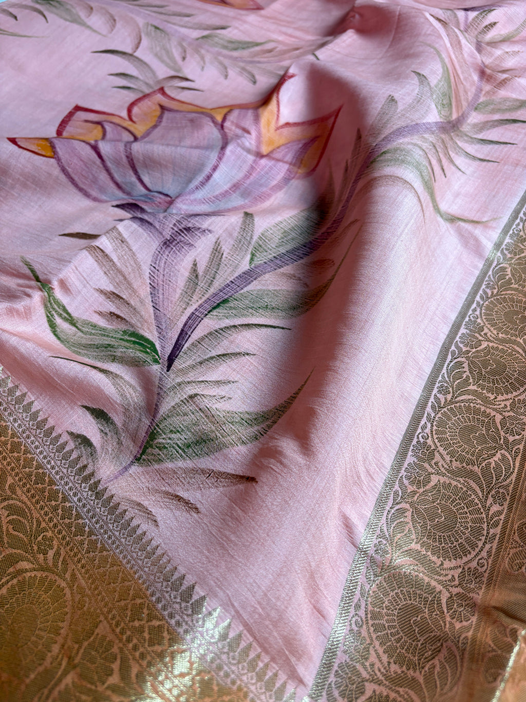 Pure Chiniya Silk Handloom Banarasi Saree With All Over Handpaint